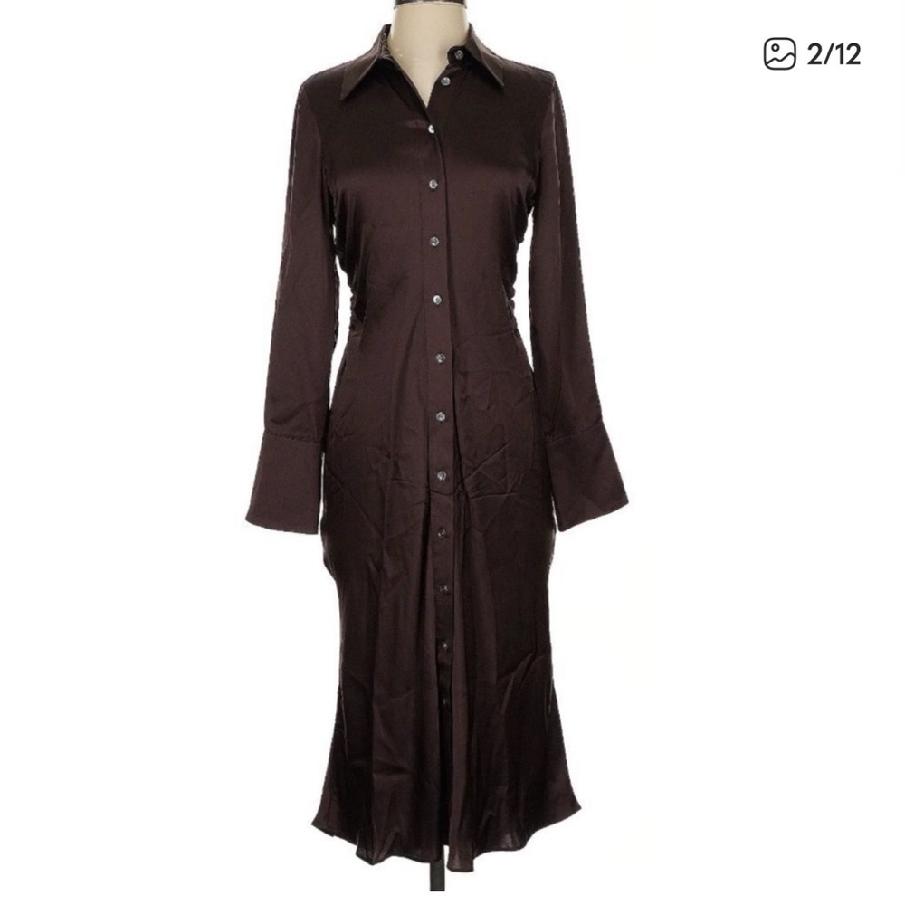 New Banana Republic Brown Enchant 100% Silk Long Sleeve Shirtdress Size XS - Picture 2 of 5